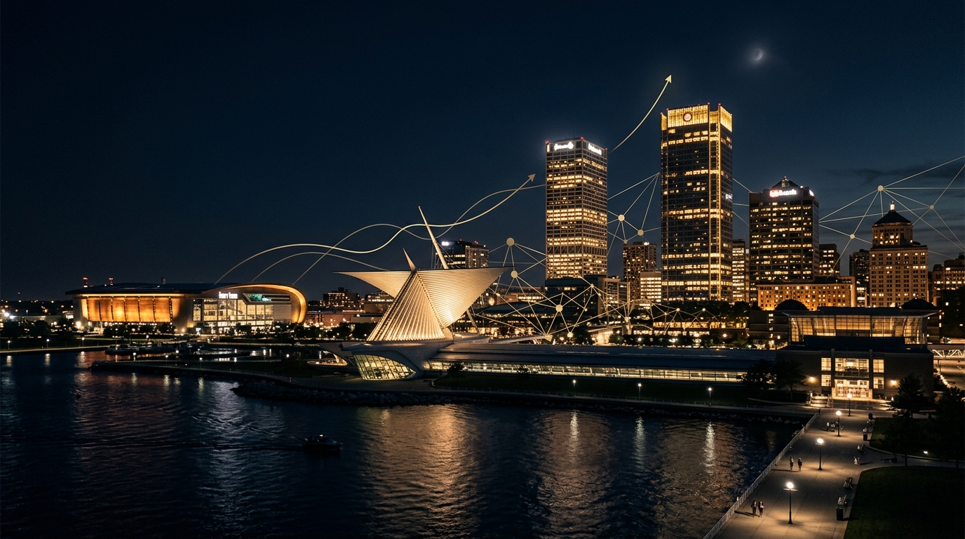 Milwaukee skyline at night featuring Fiserv Forum, downtown commercial buildings, and the Milwaukee Art Museum along Lake Michigan